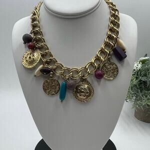 Carol Dauplaise Signed Vintage Double Gold-tone Link Disc Bead Charm‎ Necklace